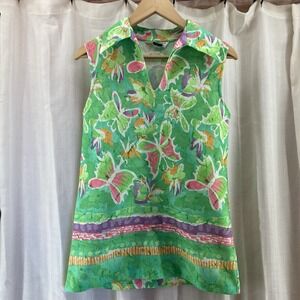 Vintage 60s Sleeveless Top Green Butterfly Print Mod Resort V-Neck‎ Blouse Small